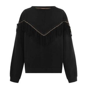 Hayley Menzies Ada Suede Fringe Cotton Blend Sweatshirt Size Large Solid Black
